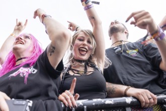 Adenau, Germany, 8 June 2024: Fans listen to Electric Callboy at Rock am Ring. The festival takes