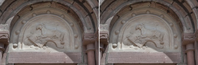 Romanesque reliefs of a sheep above the left and right entrance portals of Villingen Minster of Our