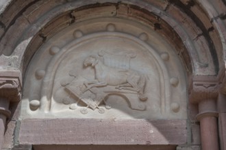 Romanesque relief of a sheep above the left entrance portal of Villingen Minster of Our Lady,