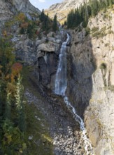 Aerial view, Barskon or Barskoon waterfall, mountain landscape with waterfall in a mountain valley,