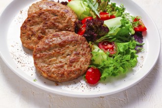 Fried cutlets, turkey, with vegetable salad, top view, no people