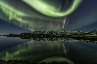 Yellow and green northern lights reflected in fjord, steep mountains, aurora borealis, winter,