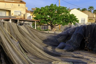 Fishing nets at the harbour of Meze, Mèze, on the Etang Thau, Département Hérault, Region