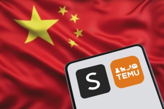 Temu and Shein app logo online marketplace from China with flag online trading ecommerce on a