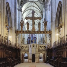 Choir stalls, rood screen, triumphal cross group and nave vault, Cathedral of St Stephen and St