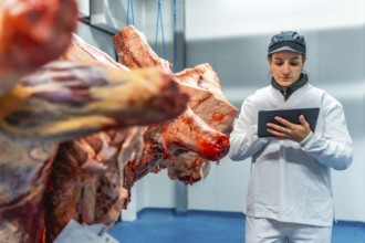 Woman using tablet doing quality control tasks in a meat processing factory