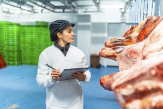 Woman inspecting meat and writing notes in a clipboard in a cold storage room in factory