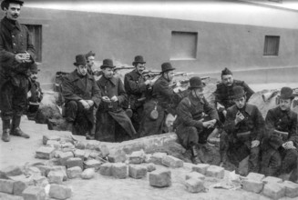 WWI Belgian Civil Guards, Garde Civique, Burgerwacht in position in paramilitary militia uniforms