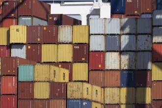 Containers on a ship at the port of Felixstowe, Suffolk, England, United Kingdom, Europe