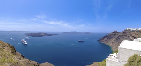 Greece Islands, scenic panoramic sea views of Santorini island from top outlook of Fira village