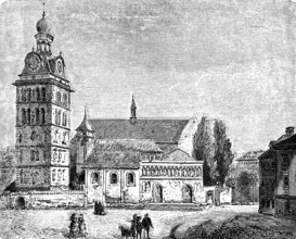 Basilica of St Emmeram in Regensburg, square freestanding tower, tower clock, ridge turret, people,