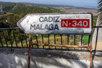 Old signpost to the national road to Cadiz and Malaga, N 340, Vejer de la Frontera, Andalusia,