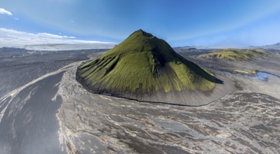 Aerial view, Mælifell mountain covered with moss, Maelifell, black sand desert Mælifellssandur,