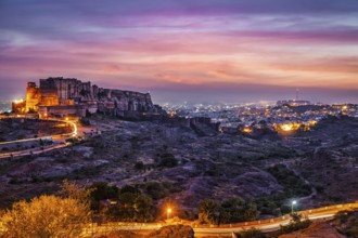 Famous indian tourist landmark Mehrangarh fort in twilight. Jodhpur, Rajasthan, India, Asia