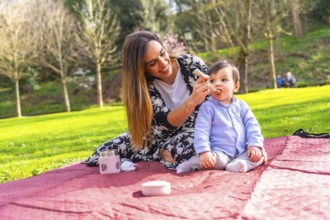 Hispanic mother feeding her baby son solid food with a spoon while having picnic in a park,