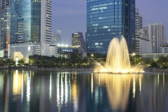 Benjakitti Park, eastern water zone with water fountain, a municipal park in the Khlong Toei