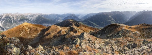 Panorama, mountain panorama at Kreuzjoch summit, view of Tschirgant summit and the Oberinntal