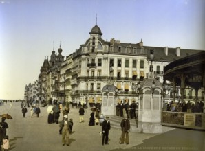 The dyke, beach promenade and Kursaal in Ostend, Belgium, ca 1895, Historical, digitally restored