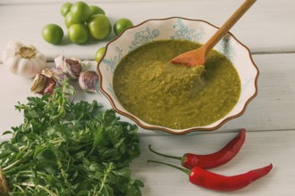 Tkemali sauce, traditional Georgian cuisine, green cherry plum, with ingredients for sauce,