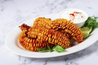 Corn ribs, with cream sauce, spices and lime, appetizer, on a white plate, homemade, no people