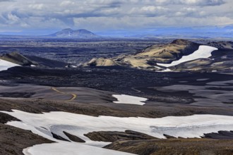 Volcanic landscape, lava, mountainous, snowfields, summer, sunny, cloudy, highlands, Laki,