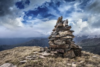 Stone cairn in Himalayas mountains. Himachal Pradesh, India, Asia