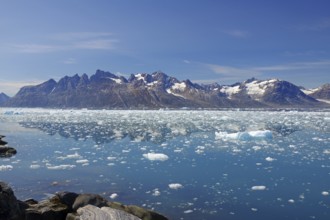 Icebergs floating in crystal clear water with mountains in the background under a blue sky, Knud
