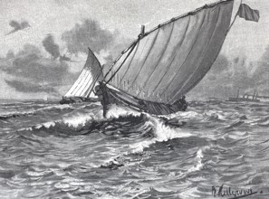 Sailing boat, dhow in stormy seas on the voyage from Tanzania to Zanzibar, 1895, reproduction of an