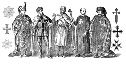 Religious costumes in 1880, from left: Order of St Stephen, Grand Master of the Teutonic Order,