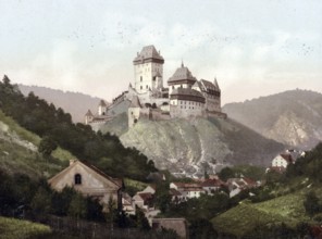 Karlstein Castle, Bohemia, Czech Republic, Historical, digitally restored reproduction from a 19th