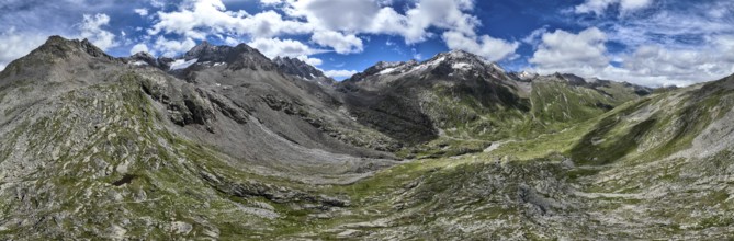 Mountain panorama over the Gössnitz valley with summit Roter Knopf, aerial view, Schober group,