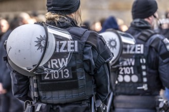 Police officers of a riot squad, riot police, with helmet and riot suit at a left-right