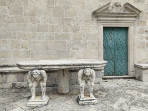 Table supported by stone sculptures, Island of Mary of the Rock, Gospa od Skrpjela, World Natural