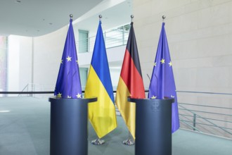 Flags of the European Union (EU), Ukraine and the Federal Republic of Germany in front of the joint