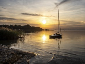 Sunset at lake Müritz, beach of village Rechlin, Müritz National Park, Germany, Europe