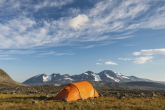 Tent in mountain landscape, Sarek National Park, World Heritage Laponia, Norrbotten, Lapland,