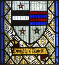 Stained glass window Doughty family crest by Thomas Willement c 1843, Theberton church, Suffolk,