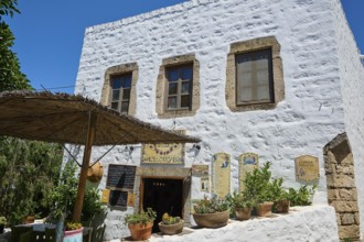 Traditional house with white walls, potted plants and signage under a parasol, Chora, Old Town,