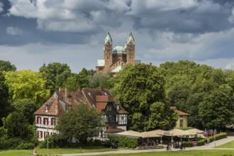 Beer garden on the Rhine and imperial cathedral, St Mary's and St Stephen's Cathedral, UNESCO World