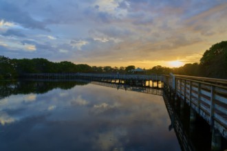 Peaceful lake reflecting the sky at sunset with a wooden bridge stretching across, surrounded by