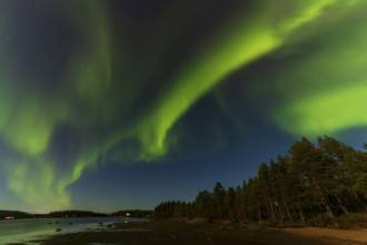 Northern lights, (Aurora borealis) at a lake near Kiruna, September 2024, Lapland, Sweden, Europe