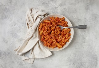 Fusilli pasta dish, made with tomato sauce, homemade, no people