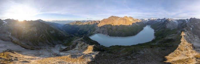 Alpine panorama at Lac de Dix, sunset in the mountains, reservoir, Valais Alps, Valais,