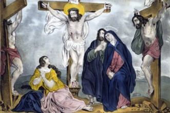 Crucifixion: Jesus on the cross between the two robbers. Virgin Mary, right, with St James and