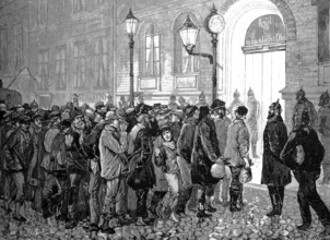 The homeless in Berlin in front of the entrance to the asylum, Germany, 1872, Historical, digital