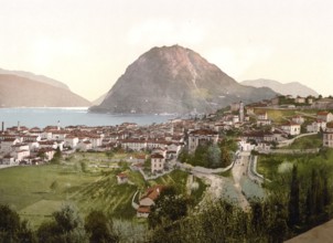Lugano, from Massagno, Ticino, Switzerland, Historic, digitally restored reproduction from a 19th