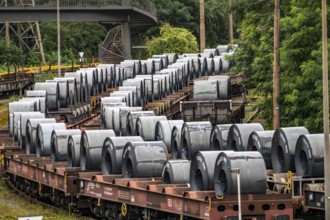 Strip steel coils, on freight wagons, at the ThyssenKrupp Steel plant Schwelgern in