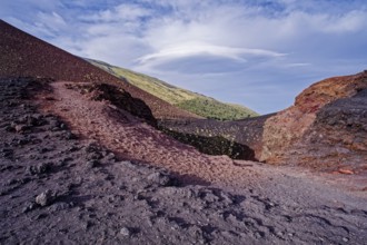 Lava rock and crater landscape around the Crateri Silvestri in the Etna National Park, Parco