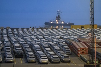 Parking space for import vehicles, hundreds of Hyundai Ioniq, electric cars, waiting for onward