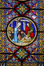 Church window, cot with Jesus and Mary and Joseph, Basel Minster, Basel, Canton of Basel-Stadt,